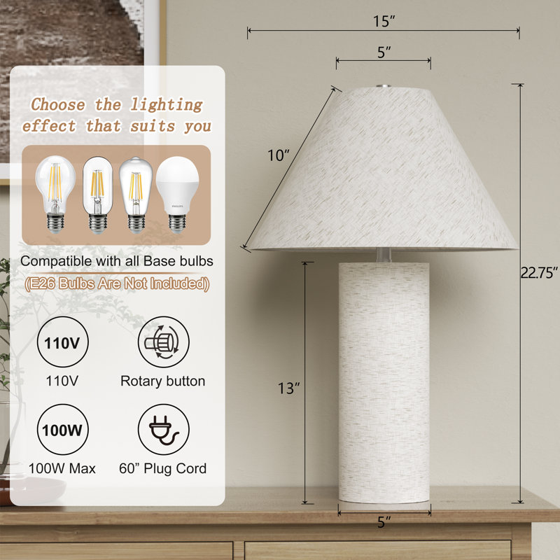 22.75 in. White Modern Resin For Bedroom/Studies/Living Room Bedside Desk Nightstand Single Table Lamp With White Linen Empire Shade And USB/TYPE-C Prot