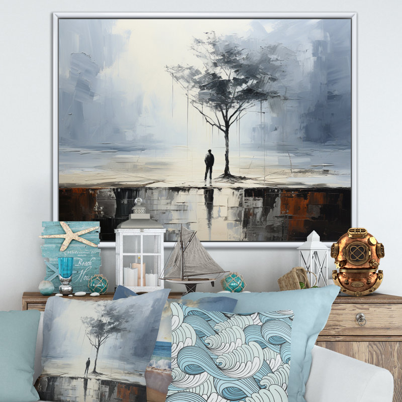 " Coastal Minimalism Solitude I ", 12" H x 20" W x 1" D, White Floater Framed