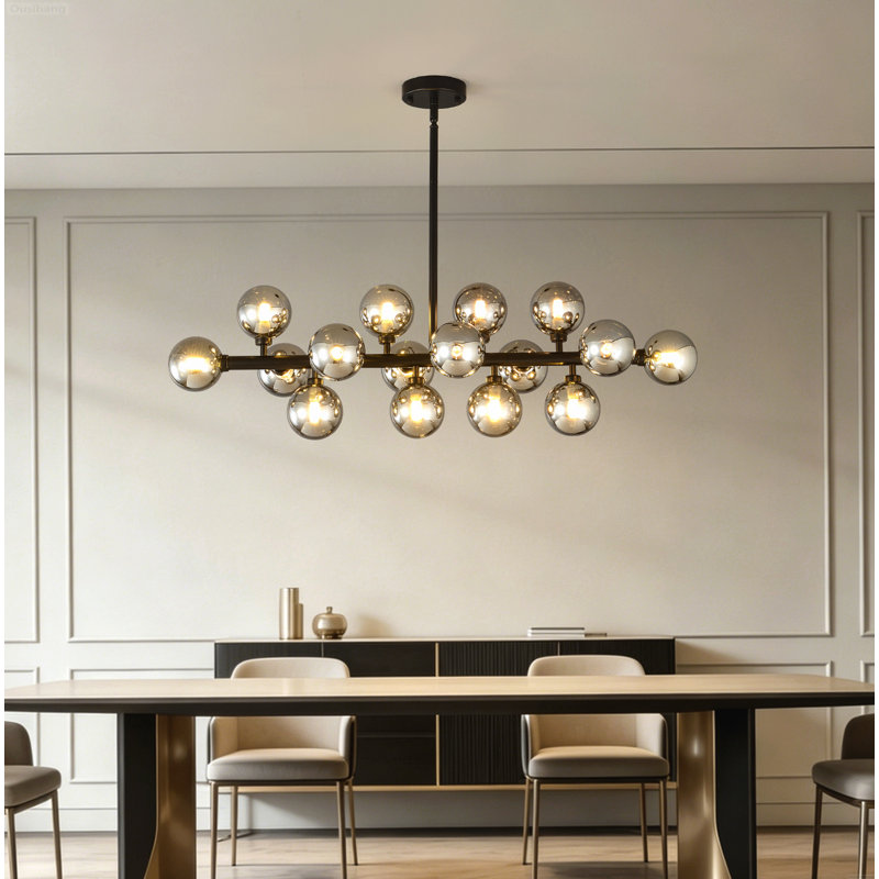Lustre de ferme moderne 16 lumières sur table en verre opale diffus - noir mat, Matte Black