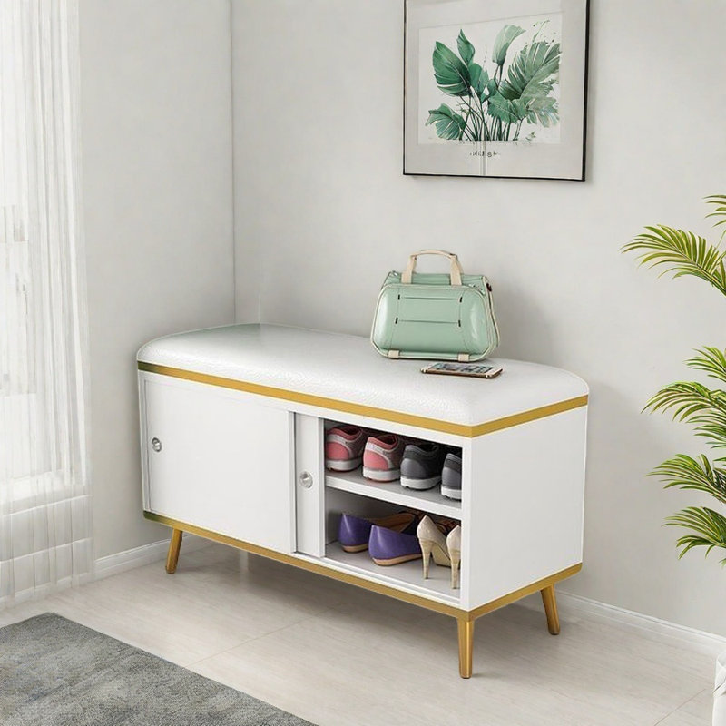 23.6'' Shoe Storage Bench, White/Gold