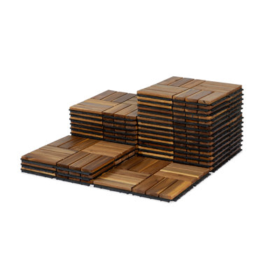 Carreaux de terrasse carrés en bois d'acacia à motif de verrouillage à 12 lattes pour l'intérieur et l'extérieur (ensemble de 27)