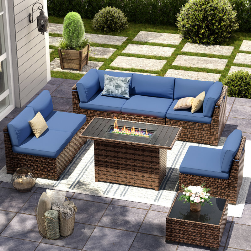 Ensemble de conversation modulaire en osier PE pour 6 personnes, Yes, Bleu, Brun
