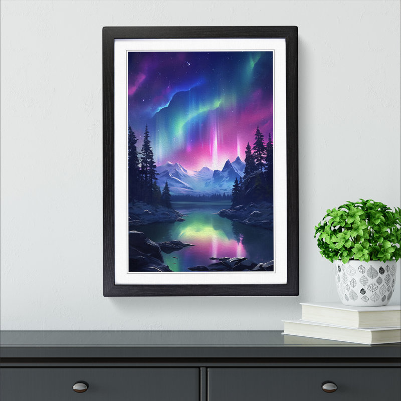 Northern Lights Realism - Single Picture Frame Print on Wood, Black, 34cm H x 25cm W x 2cm D