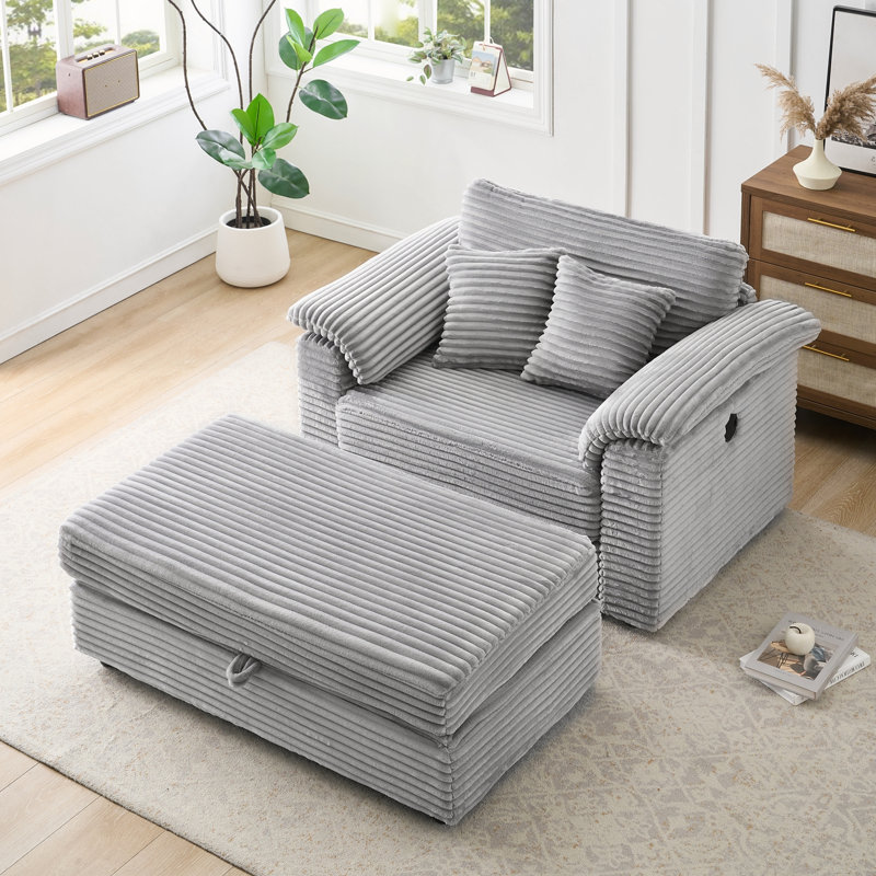 47.24" Corduroy Upholstered Sofa With Storage Ottoman, Gray