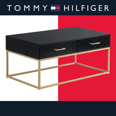 Tommy Hilfiger Ellias Modern Coffee Table with Two Drawers, Glossy Black Top, Golden Metal Frame