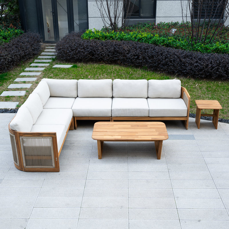 Ensemble de conversation d'extérieur modulaire pour patio en acacia 6 pièces avec coussins