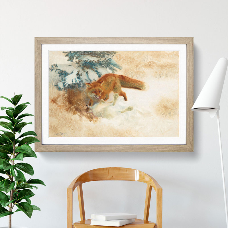 Fox with White Hare by Bruno Liljefors - Picture Frame Painting, 48cm H x 65cm W x 2cm D, Oak Framed