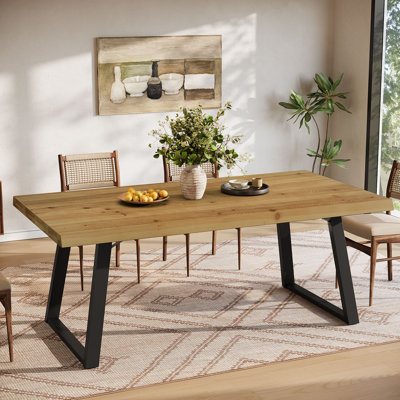 63" Solid Wood Rectangular Dining Table with Double Pedestal Metal Legs