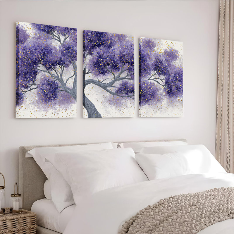 Ensemble de 3 tableaux sur toile représentant un arbre en fleurs violettes, pour la décoration du salon et de la chambre.