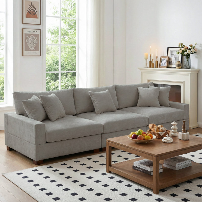 3 - Piece Upholstered Gray Chenille Modular Sectional Sofa with Armrests & Throw Pillows, Gray