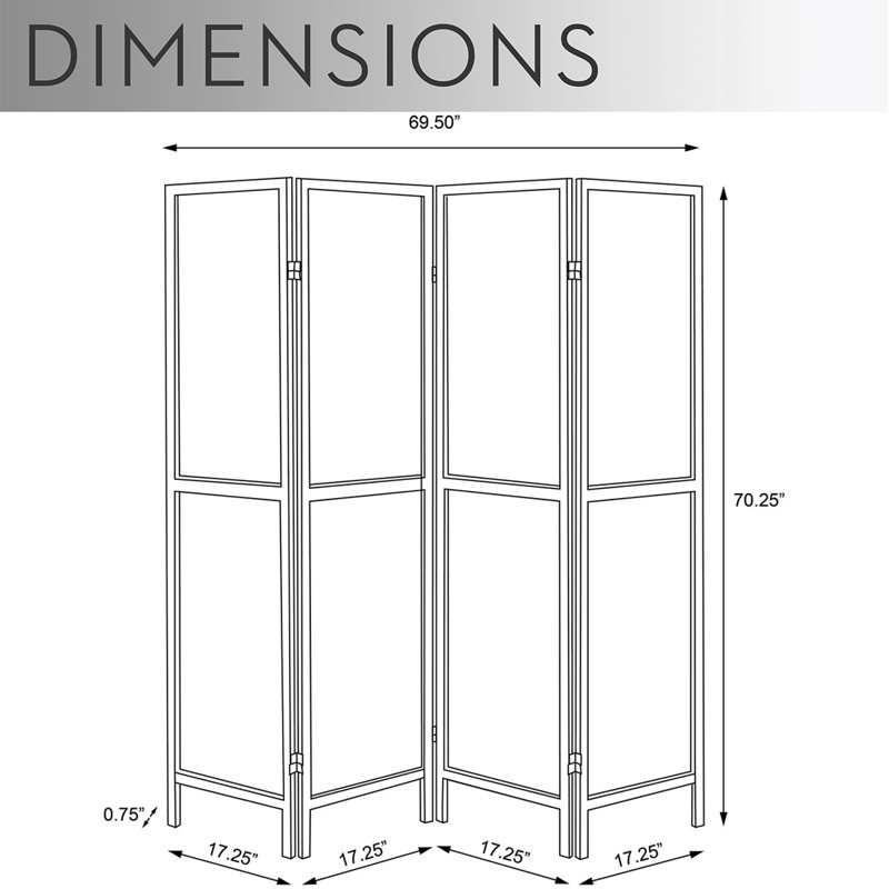 Paravent de 5,6 pi, écran de séparation portable pliable, écran de style Shoji japonais chinois pour la séparation des pièces, 4 panneaux (blanc)