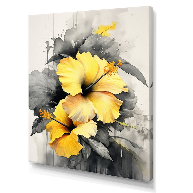 «Yellow and Grey Hibiscus Serenade», reproduction sur toile encadrée, H 32 po x l 24 po x P 1 po, Toile tendue