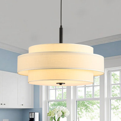Luminaire suspendu tambour en tissu de lin blanc à 3 lumières à intensité variable