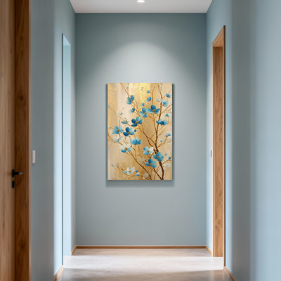 Plantes et fleurs, fleurs bleues sur fond doré, art sur toile