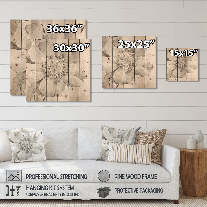 Reproduction d'art rustique sur bois naturel Indigold Grey pivoines III, H 16 po x l 16 po x P 1 po