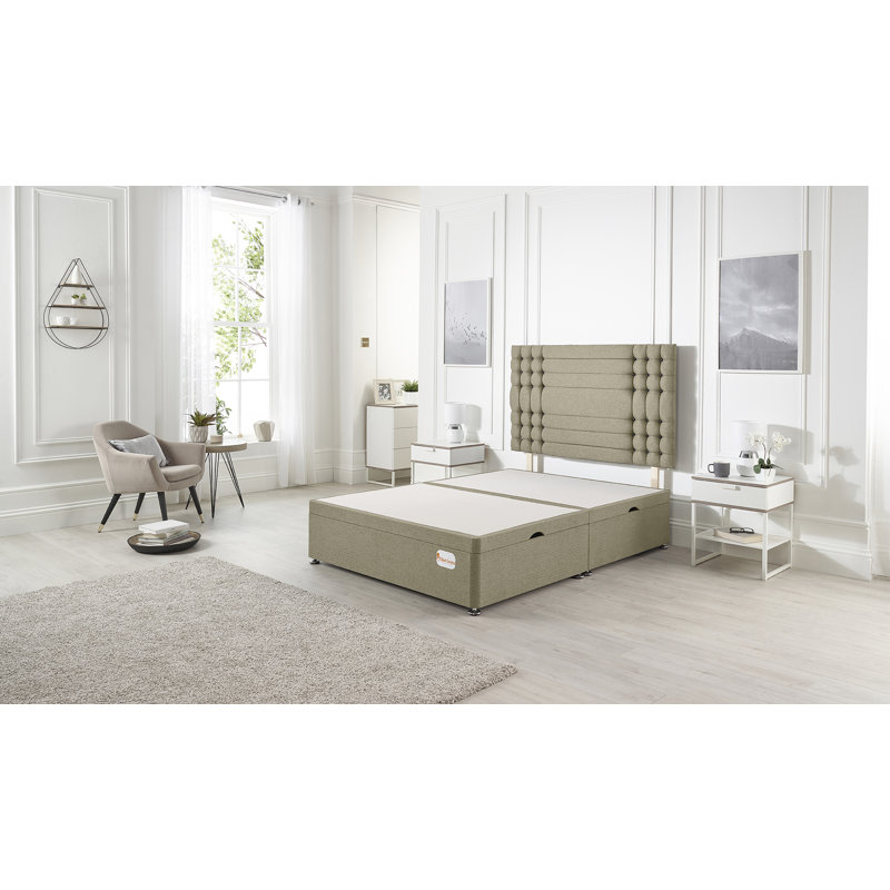 Luxara Solid Wood Ottoman Bed Side Opening with Upholstered Headboard Linen Fabric, Wheat, Kingsize (5')