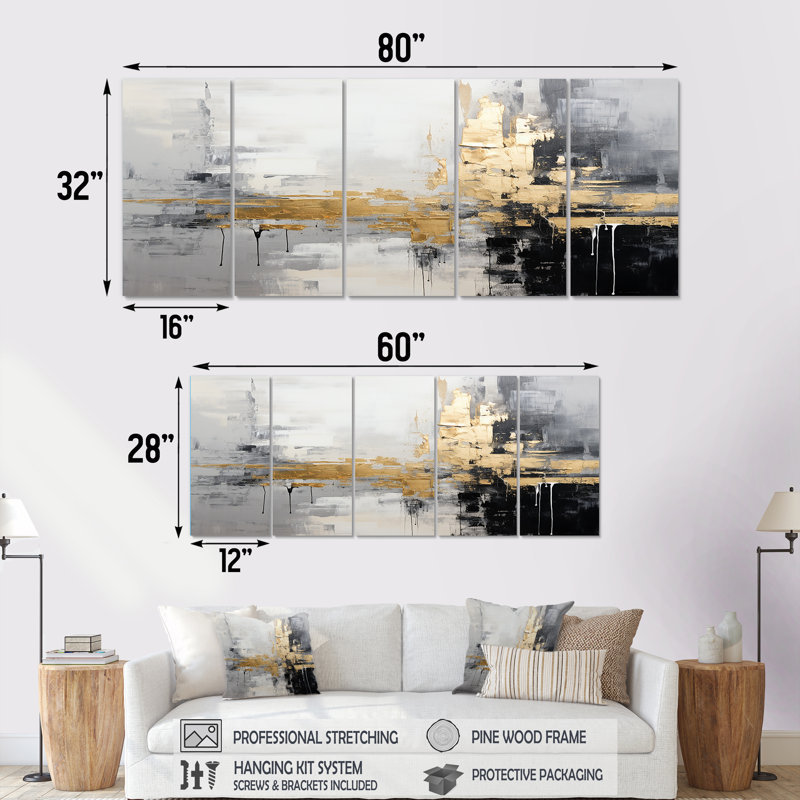 Or, ville dorée, blanc, gris, noir, toile d'art abstraite, 5 pièces, H 28 po x l 60 po