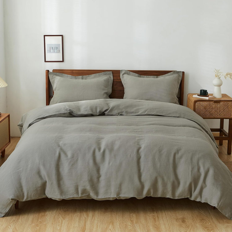 Ensemble de housse de couette 100% lin, Housse de couette double + 2 taies d'oreiller, Gris ultime
