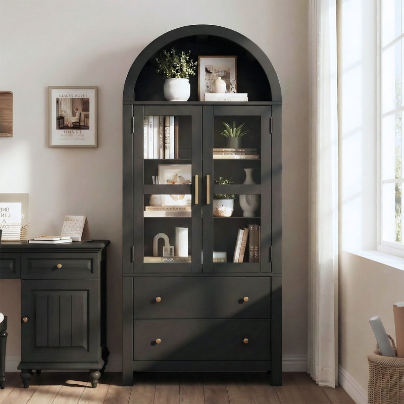 71" Tall Arched Cabinet, Modern Farmhouse Wood Storage Cabinets with 2 Large Drawers and Adjustable Shelves, Black