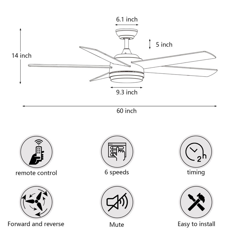 Ceiling Fan with Light and Remote Control, White, 60" Wide