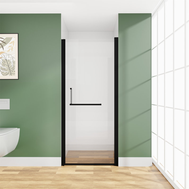 34" X 72" Semi-Frameless Pivot Shower Door, 1/4" Tempered Glass, Adjustable Width, Reversible Installation, Matte Black