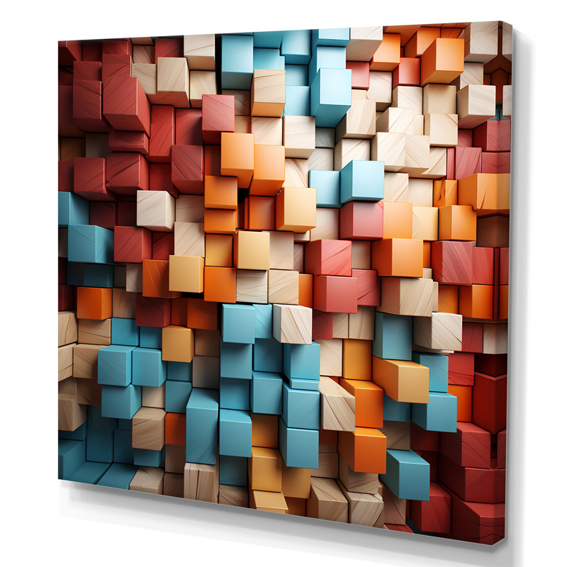 «Blue and Red Abstract Cubes I - Abstract Cubism», reproduction d'art murale, Toile tendue, H 16 po x l 16 po x P 1 po