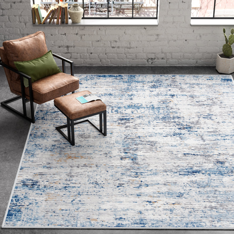 Adalee Abstract Ivory/Blue Area Rug, Rectangle 5'5" x 7'7"