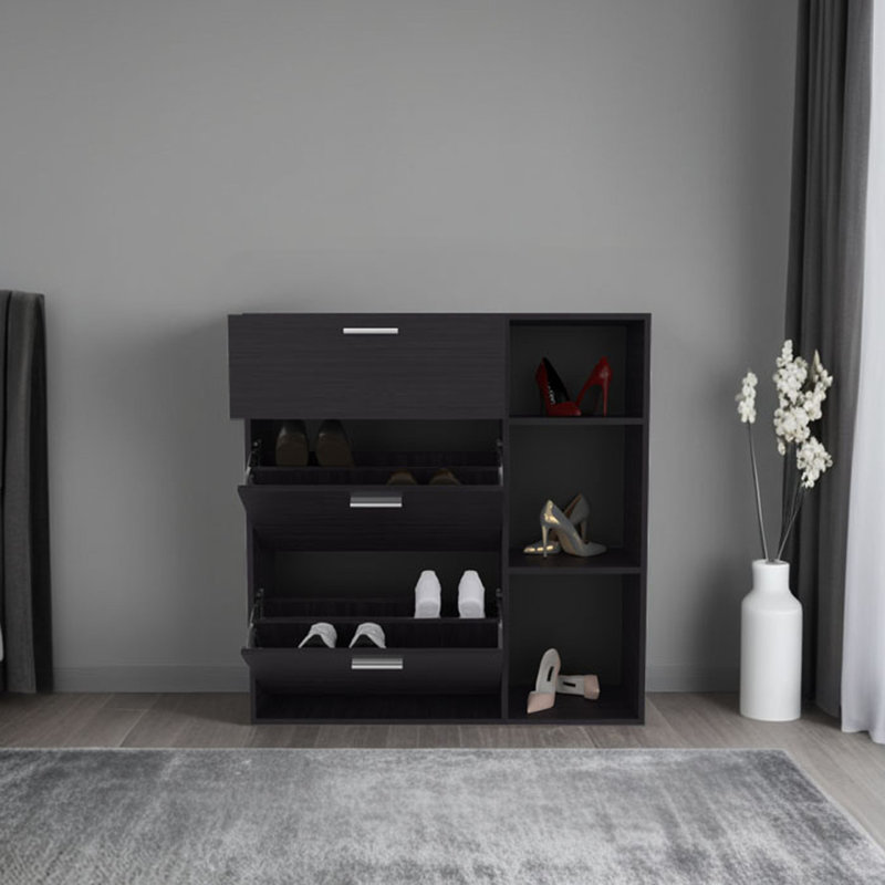 Range-chaussures Showie à 3 portes avec tablettes intérieures et tablettes latérales, armoire de rangement à un tiroir pour chaussures et accessoires