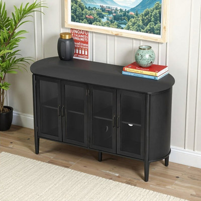 58"L Solid Wood And Glass Storage Cabinet With 4 Doors Adjustable Shelves