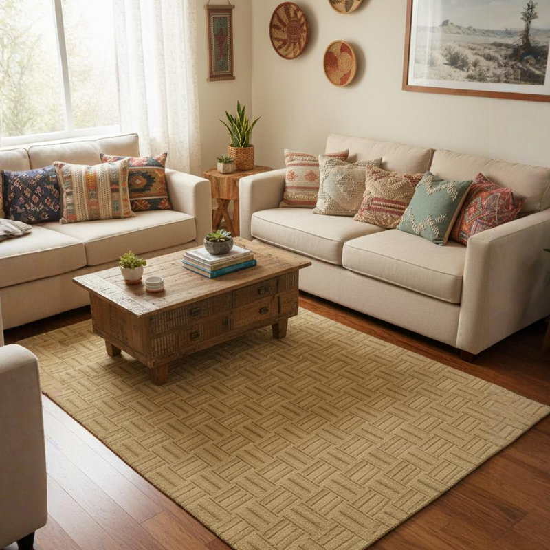 Aadi Geometric Wool Tan Area Rug, Rectangle 5' x 7'6"