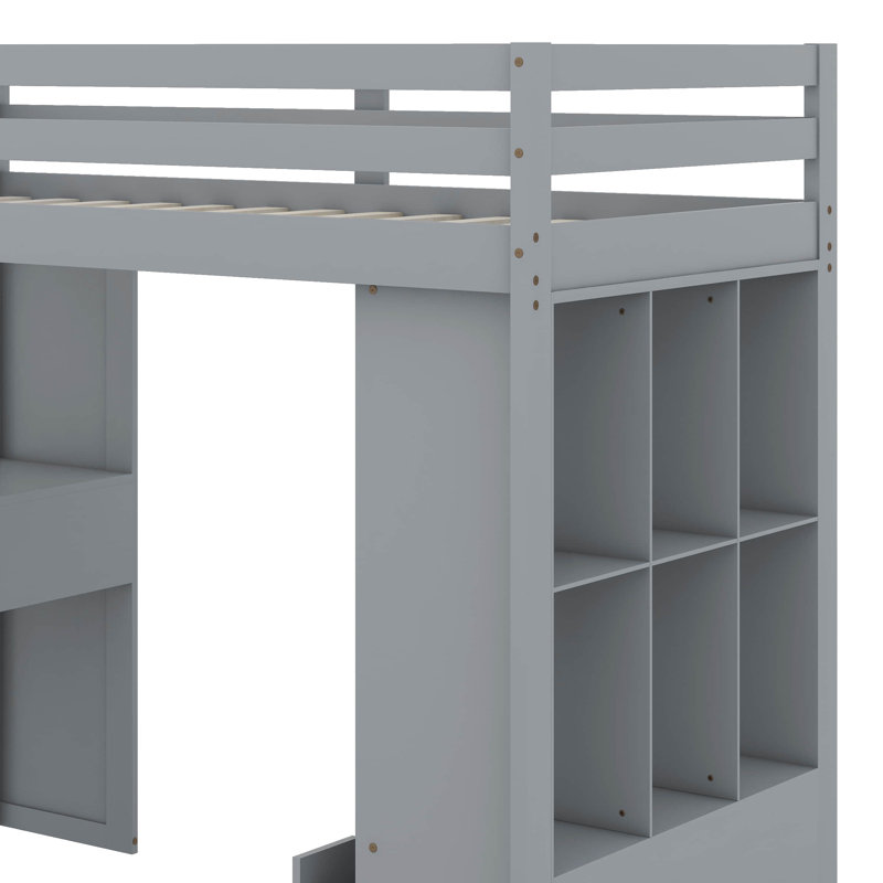 Lit mezzanine avec grandes tablettes, bureau et lumière DEL, Lit simple, Gris