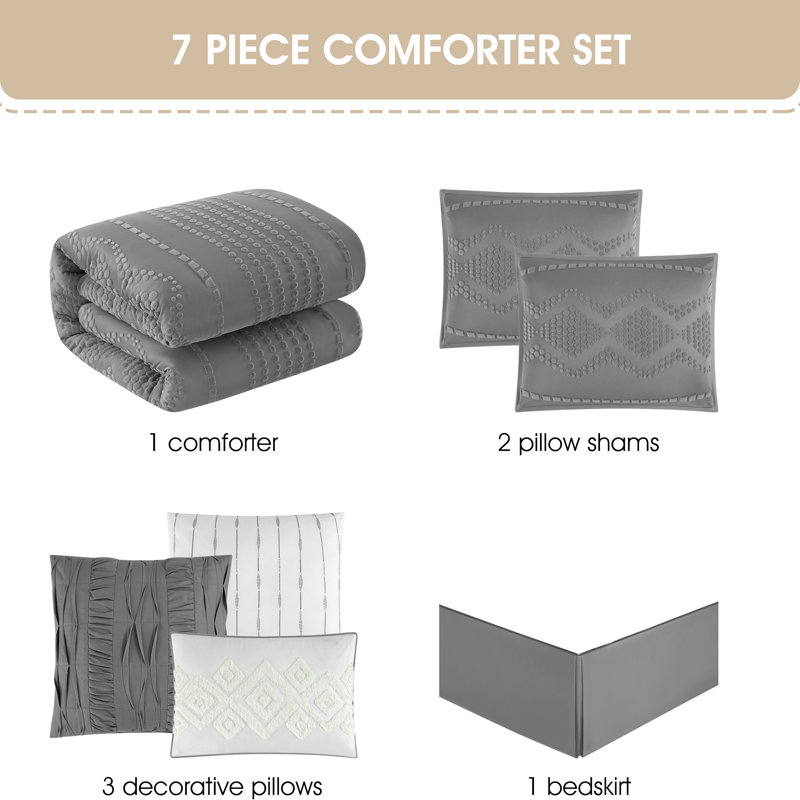 Ensemble d'édredon jacquard géométrique 7 pièces Whki, Gris, Très grand lit