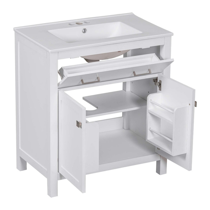 Bathroom Vanity with Ceramic Sink, Single Bathroom Cabinet with 2 Doors and a Shelf, Doors, White