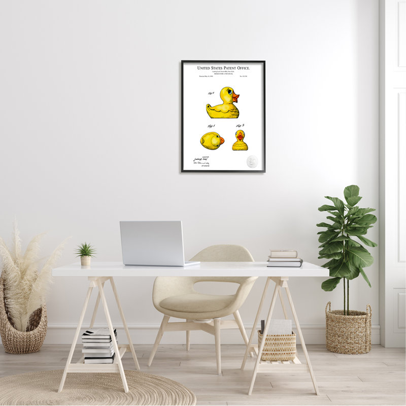 Schéma de conception de jouet canard en caoutchouc jaune, L 24 po x H 24 po, Giclée encadrée noir minuit