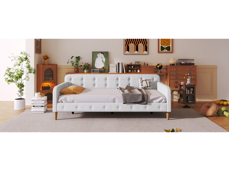 Lit de jour simple rembourré avec 4 pieds de soutien, beige, Lit simple, Beige
