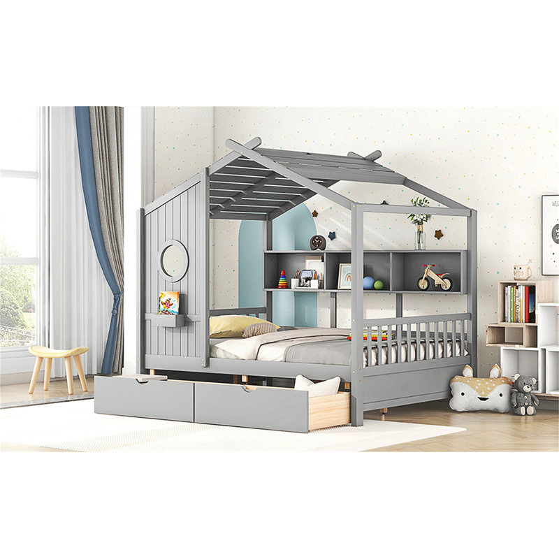 Wooden House Bed With 2 Drawers, Gray, Full