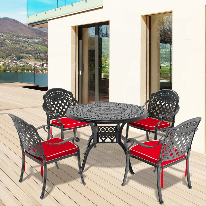 Ensemble de 5 meubles de patio en aluminium coulé avec cadre noir et coussins de siège rouges