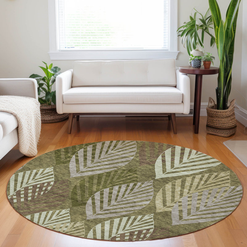 Premium Machine Washable Prisco Olive Rug, Round 8'