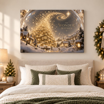 Golden Glowing Tree In Snowy Winter Village Christmas Canvas Wall Art