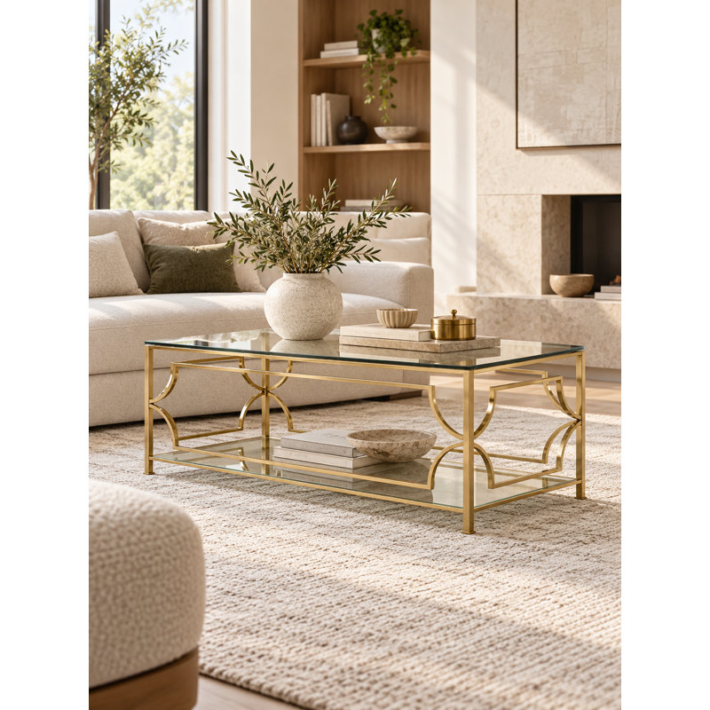 Pangea Home 2-Tiered Mirrored Benson Edward 4 Legs Coffee Table with Storage - Modern Rectangle 47" Coffee Table – Tempered Glass Top - Living Room, Bedroom, Office - Gold Glass Coffee Table