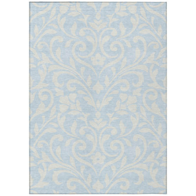 Tapis extérieur lavable floral bleu ciel et ivoire 5 pi x 8 pi
