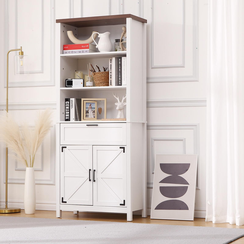72" Farmhouse Tall Bookcase with Drawer and Barn Doors, 6-Tier Wooden Storage Cabinet with Adjustable Shelves