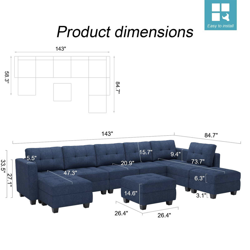 Ashbury Ivery 143'' U Shaped Couch Modern Modular Polyester Blend Sectional Sofa with Cushion, Blue Polyester Blend