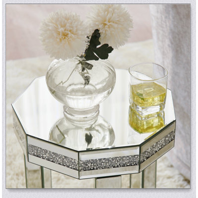 Table de bout à miroir en octogone avec incrustation de cristaux, petit canapé moderne à 2 niveaux avec rangement, table d'appoint décorative argentée pour le salon, la chambre à coucher, le café et les petits espaces: l 13,8 x P 13,8 x H 21,8 po