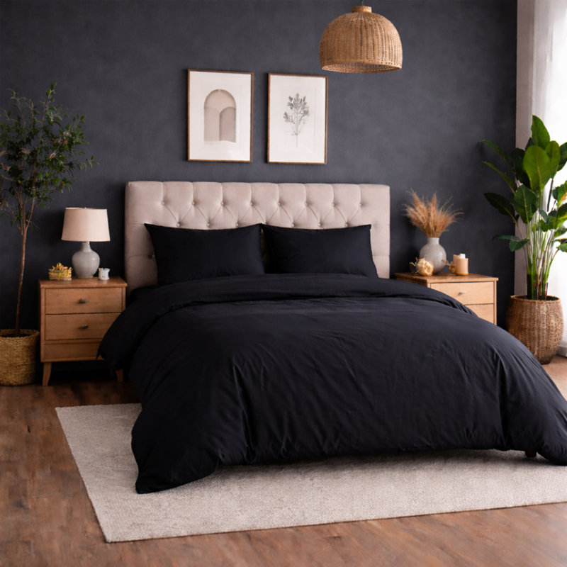 Plain Duvet Cover Complete Bedding Set - Duvet, Fitted Sheet with Matching Pillowcases, Black