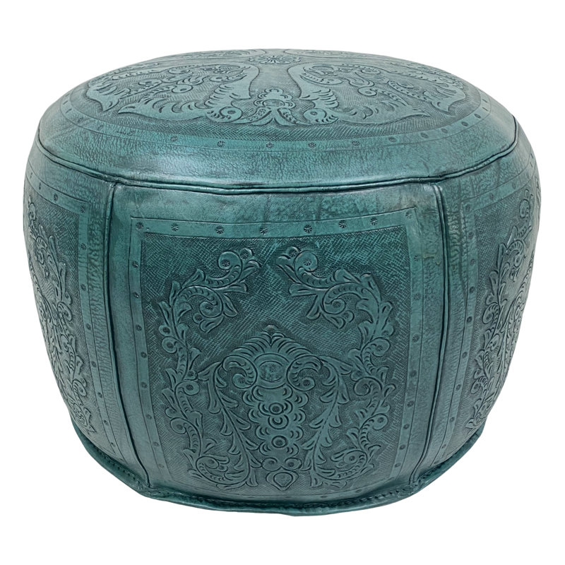 Navarette Upholstered Pouf, Teal Genuine Leather