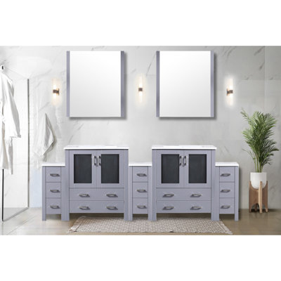 Gris foncé 96 po W Double meuble-lavabo avec comptoir en céramique blanche, 28 miroirs, fermeture en douceur et construction robuste nécessitant peu d'entretien