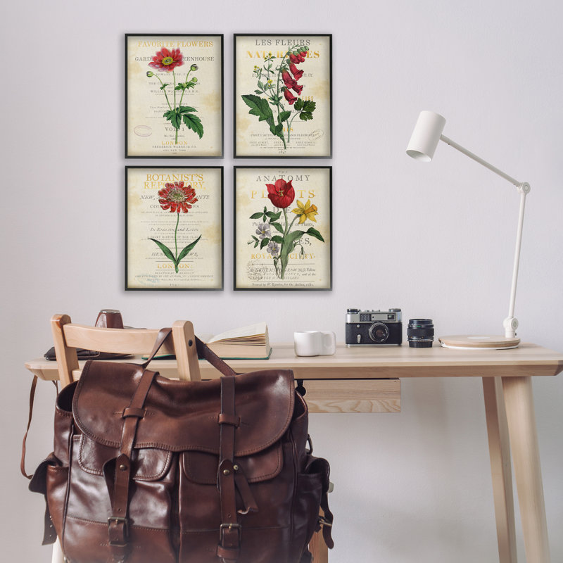 Fleurs rétro sur pages antiques, ensemble de 4 impressions sur toile encadrées, design par Susan Arnot, H 14 po x l 44 po