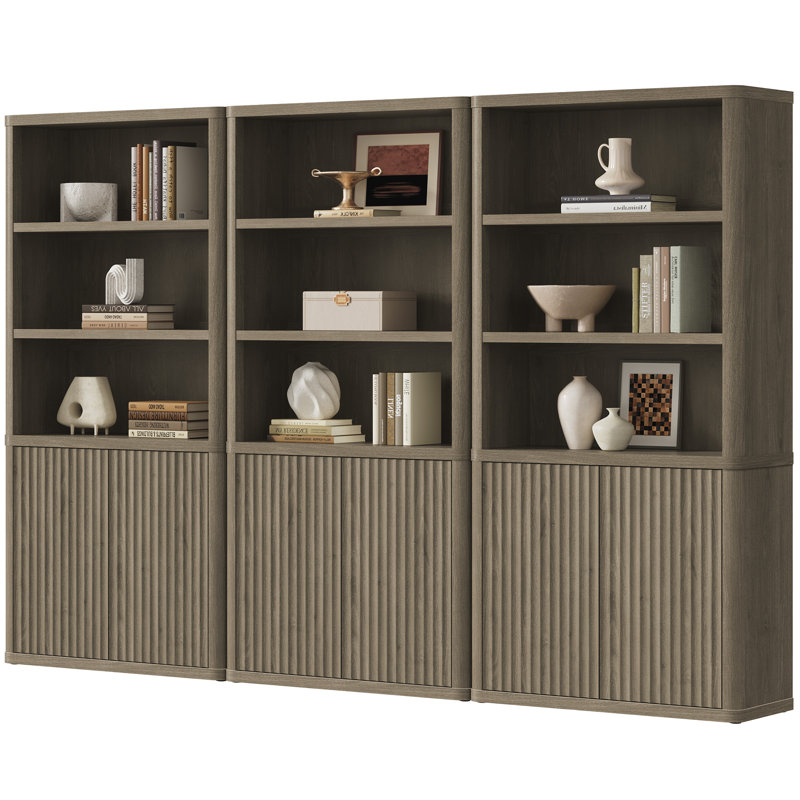 Bibliothèque Cesiro à 6 niveaux avec 2 portes cannelées et tablettes réglables, Aulne gris