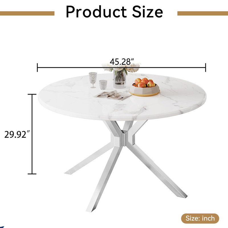 45" White Printed Marble Dining Table, Luxurious Round Dining Table with Printed Marble Tabletop and Stainless Steel Pedestal, Modern Round Dining Room Table for Kicthen